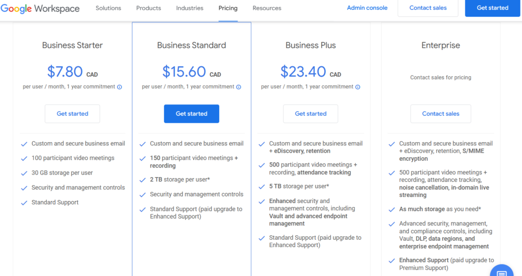 Image of Google Workspace price plans